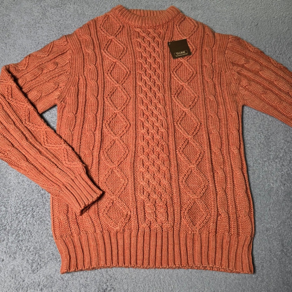 Thane Mens Medium Sweater Burnt Orange Cable Knit Orkney Cru Vintage New